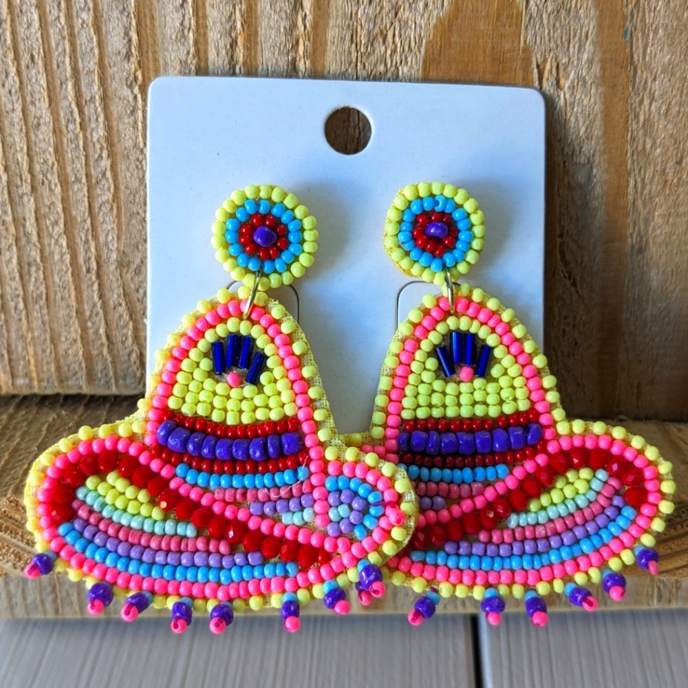 Palmetto Moon Sombrero Design Dangle Earrings Pierced Beaded Mexican Fiesta